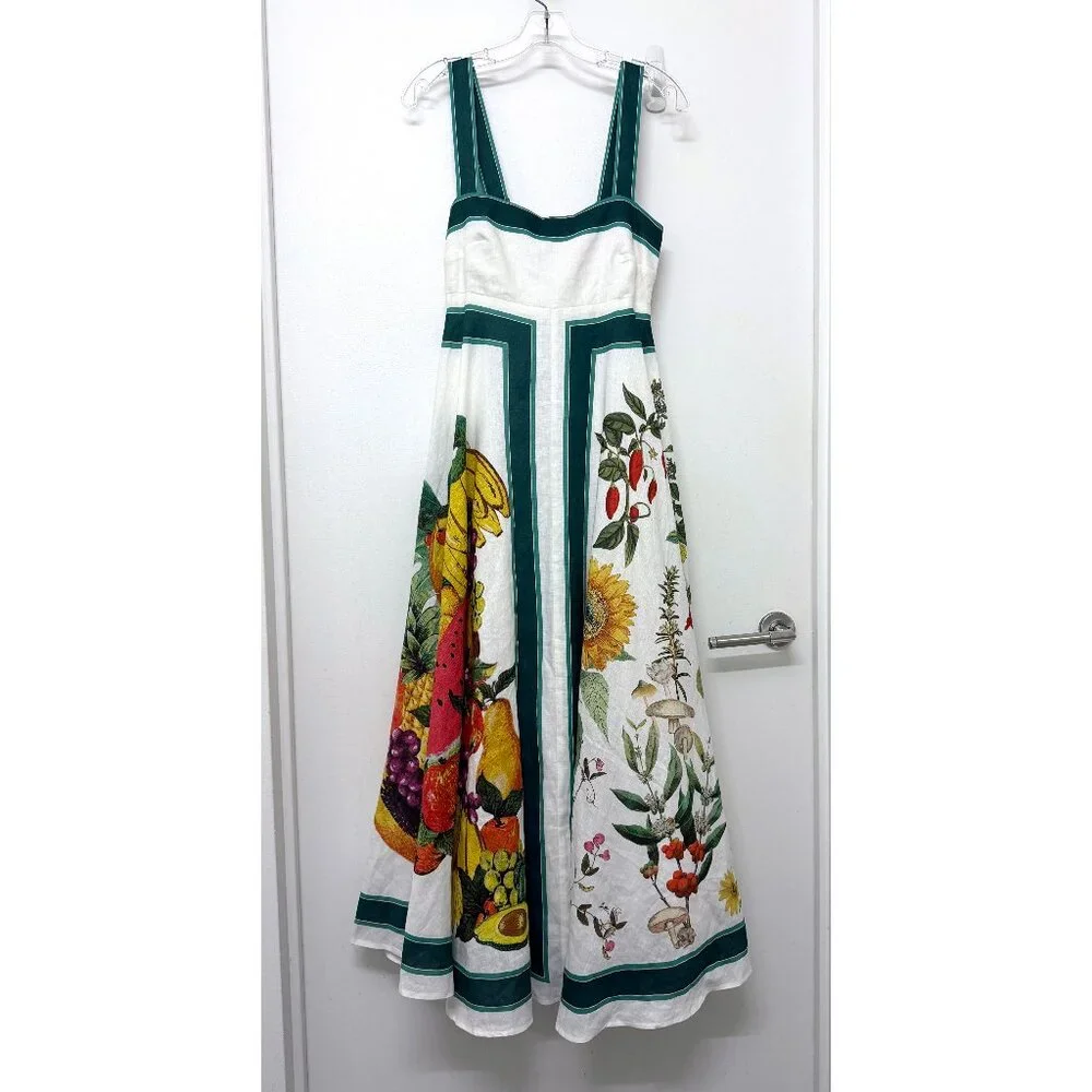 NWT Alemais Frutta Midi Sun Dress White Green Floral Fruit Stripe Linen AU 8 US4 - Picture 3 of 16